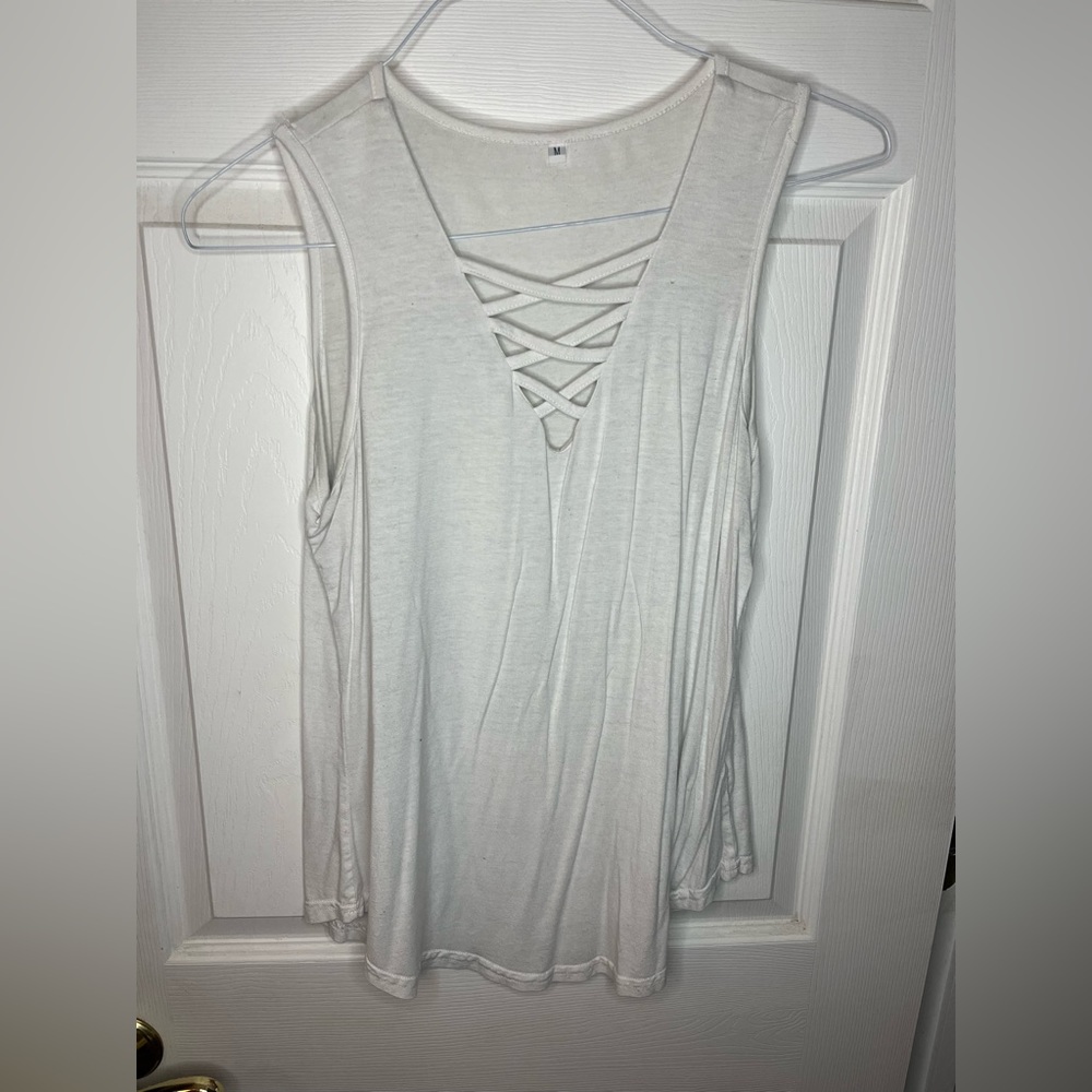 White Tank Top with Deep Cut + Crisscross Front